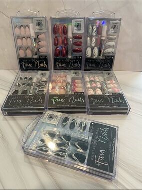 Faux Nails - Assorted Pink, Black, White & Red Press-On Nail Sets - Bundle of 7